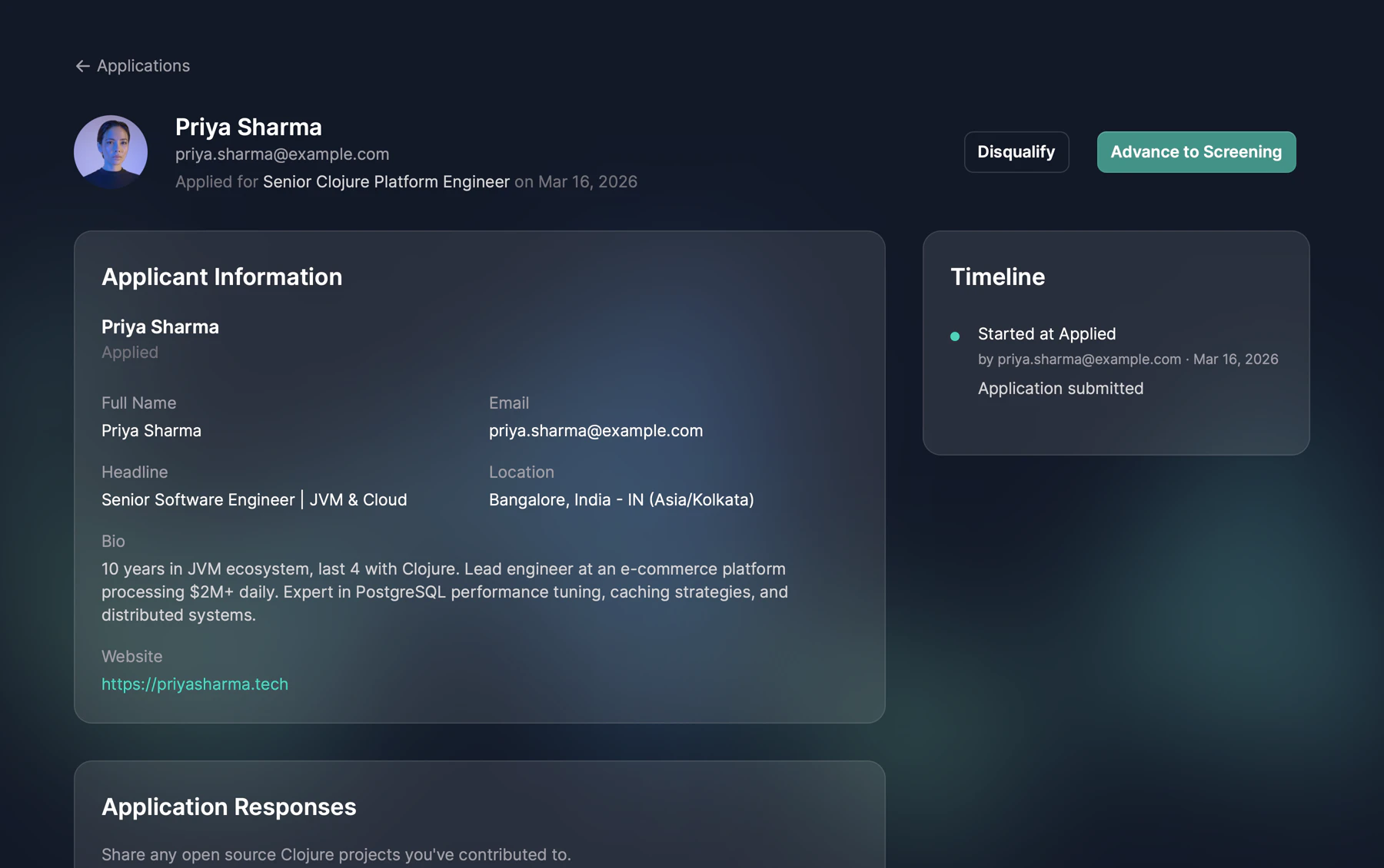 ClojureStream applicant profile page