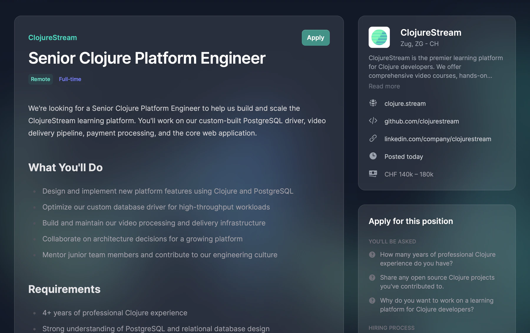 ClojureStream job detail page